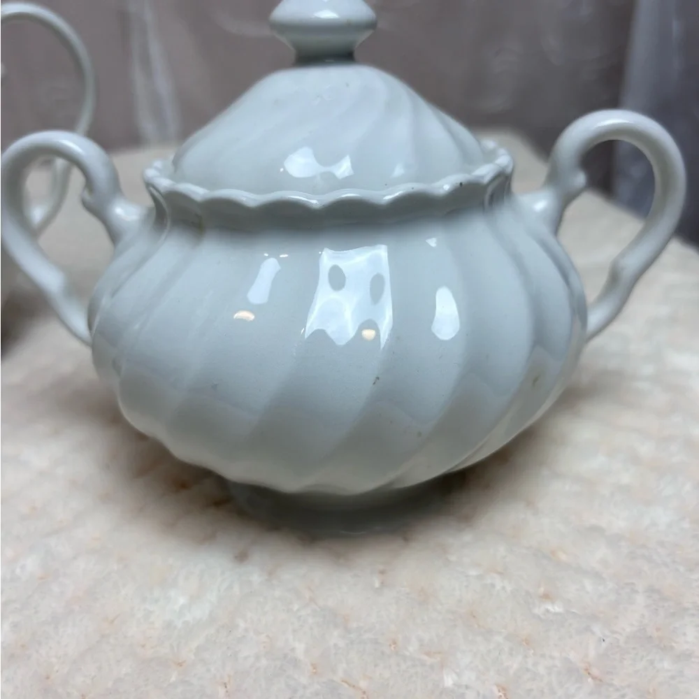 Vintage Johnson Brothers Snow White Swirl Sugar Bowl/w Lid and Creamer